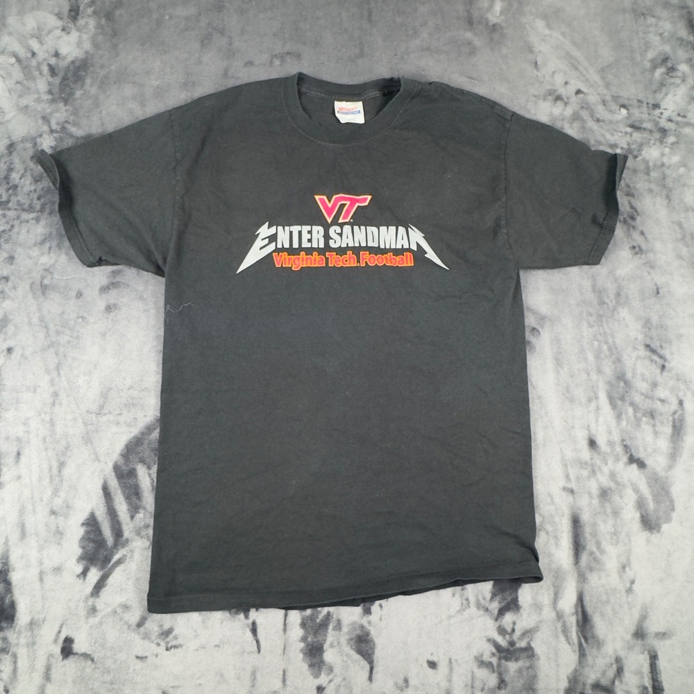 Hanes T-Shirt Mens L Black VT Enter Sandman Virginia Tech Football Jump Jump